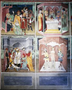 Mágusok imádása, körülmetélés, gúny, korbácsolás, Krisztus élete (15. század), freskók, Szent Sebastian-kápolna, Villard-de-Lans, Rhône-Alpes, Franciaország. alkotó: Unknown artist