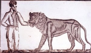 Az 1800-as cirkusz reklámja, amely egy szelídítőt ábrázol, amint az oroszlán szájába teszi a kezét. alkotó: Unknown artist