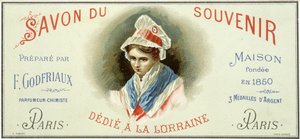 A „Soap du souvenir, F. Godfriaux által készített – 1850-ben alapított Maison” reklámcímkéje. Kromolitográfia 19. század. alkotó: Unknown artist