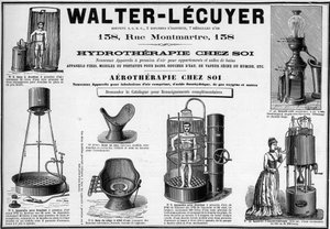 1889-es reklám fürdőkádhoz, vízzuhanyhoz, száraz vagy nedves gőzhöz, bidéhez, Walter-Lecuyer (Walter Lecuyer) márkájú mobil lámpatestekhez. alkotó: Unknown artist