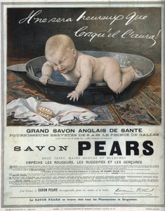 Az 1889-es reklám az angol szappanról, a „Körte”” nagyszerű angol egészségügyi szappanról. A fürdőben lévő baba szeszélyt kelt (sír), és megpróbálja elkapni a szappant. alkotó: Unknown artist
