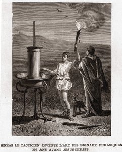 Aeneas, a taktikus feltalálja a frázikus jelek művészetét, ie 366-ban. 19. századi metszet, bianchetti gyűjtemény alkotó: Unknown artist