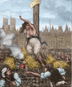 Affaire des Poisons: Catherine Deshayes, Monvoisin felesége, La Voisin beceneve (1640-1680) a hentesre ültették, és vasal megkötözték; megesküdött, és elhárította a szalmát – Kenouillac „Paris a travers les siecles” című művében alkotó: Unknown artist
