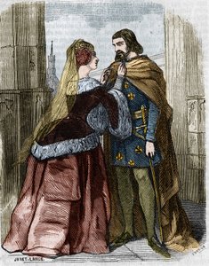 Agnes Sorel (1422-1450) (Beaute sur Marne hölgye) (Beaute-sur-Marne) és VII. Károly francia király a Jumieges-i apátságban. századi metszet. alkotó: Unknown artist