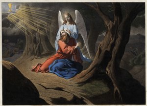 Agónia a kertben – Krisztus imája az olajfák kertjében. Névtelen metszet a 19. század közepéről. alkotó: Unknown artist