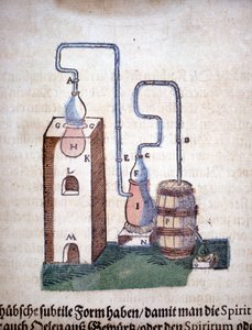 Alkímia: Desztilláló készülék, Pietro Andrea Mattioli (Matthiole) (1500-1577) könyvéből. Frankfurt alkotó: Unknown artist