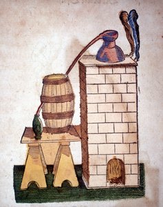 Alkímia: desztillációs készülék. Metszet Pietro Andrea Mattioli (Matthiole) (1500-1577) könyvéből. Frankfurt alkotó: Unknown artist