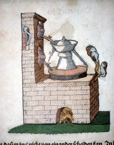 Alkímia: desztillációs készülék, Pietro Andrea Mattioli (Matthiole) (1500-1577) könyvéből. Frankfurt alkotó: Unknown artist