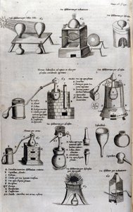 Alkímia: a desztillálóberendezések és lepárlókészülékek különböző modelljeit ábrázoló tábla. Athanase Kircher (vagy Athanasius Kircheri 1602-1680), német jezsuita. 17. századi metszet. alkotó: Unknown artist