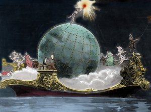 Allegória a tudomány és a technika fejlődéséről az elektromossághoz kapcsolódóan: szerte a világon képviselteti magát Guglielmo Marconi (1874-1937) olasz fizikus, a távíró feltalálója, egy nő a vezeték nélküli távíró állomáson és a bal oldalon Benjamin alkotó: Unknown artist