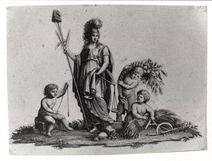 A Cisalpin Köztársaság (Cisalpina) allegóriája, amelyet Bonaparte Napóleon készített 1797.06.27-én francia mintára Olaszországban, amely 1802-ben lett Olasz Köztársaság. A Francia Köztársaság szimbólumai láthatók. Metszet Museo del risorgimento, Milánó. alkotó: Unknown artist