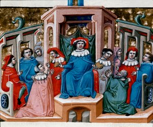 A miniatűr törvény allegóriája a Justinianus-kódexből (Codex Justinianus), I. Jusztinianus bizánci római császár (483-565) alatt kiadott törvények és intézmények gyűjteménye. alkotó: Unknown artist