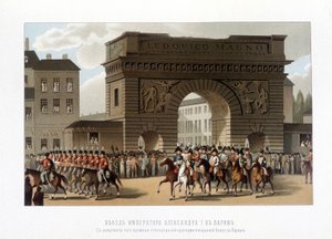 A szövetségesek 1814. március 31-én vonultak be Párizsba (I. Sándor Oroszország, I. Ferenc osztrák császár és III. Frigyes Vilmos porosz király) 1826-os metszet. alkotó: Unknown artist