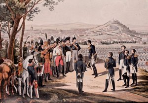 Poroszország szövetségesei Schwartzenberg vezetésével legyőzték a franciákat Marmont/Mortier vezetésével (metszet) alkotó: Unknown artist
