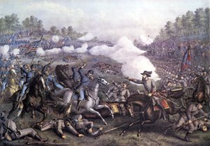 Amerikai polgárháború (1861-1865): Opequoni csata vagy Harmadik winchesteri csata, Virginia, 1864. szeptember 19.. Metszet a 19. századról. alkotó: Unknown artist