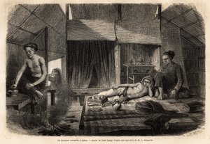 Annami belső tér Lakonban (Laosz). Metszet az indokínai felfedezőút illusztrálására, Francis Garnier, de Vaissseau hadnagy 1866-1868-ban, megjelent a „Le tour du monde”” 1870-1871-ben, szerkesztette Edouard Charton, kiadás Hachette, Pa. alkotó: Unknown artist