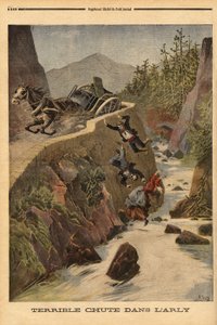 Tankbaleset történt egy padon Savoie-ban, a jármű felborul, az utasok pedig kicsapódnak Arlyban. Metszet a „” Le petit journal”-ban 1896.02.08. Selva gyűjteménye. alkotó: Unknown artist