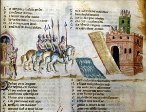 Sereg közeledik egy várhoz. A „Roman de Troy” miniatúrája, Benoit de Sainte Maure. 14. század, Biblioteca Marciana, Velence alkotó: Unknown artist