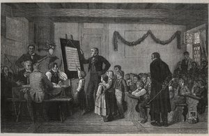 Vizsga egy svájci iskolában – Jules Gourdault „La suisse” metszete alkotó: Unknown artist
