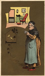 Egy idős nő, aki egy csésze közelében egy ketrec madarakkal. Névtelen kromolitográfia, 19. század vége. alkotó: Unknown artist