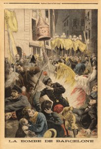 Anarchista támadás Barcelonában, bombarobbanás a Santa Maria templomot elhagyó menetben, utcai nuevos cambios. Metszet a „” Le petit journal”-ban” 1896.06.21. Selva gyűjteménye. alkotó: Unknown artist