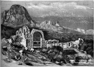 Ókori építészet: Zaghouan római templomának romjai (Tunézia). Riugel metszete az 1882. április 22-i „” The Illustrous World”” 1308. sz. alkotó: Unknown artist