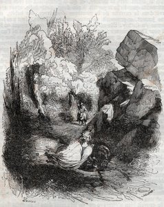 Angelique (Angelica) a régi remete elől menekül – Ludovico Ariosto (Orlando furioso) 1851-es metszete (16. század), Ariosta néven ismert – Tressan grófja olasz nyelvről fordította, Gustave Harvard adta ki. 1 alkotó: Unknown artist