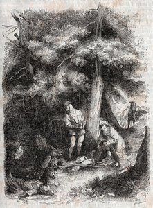 Angelique (Angelica) megmenti Medor (Medoro) wesse-t - 1851-es metszet Ludovico Ariostotól (Orlando furioso) a „" Furious Roland" (Orlando furioso) (16. század) -tól, Ariosta néven ismert - Tressan grófja olasz nyelvről fordította és kiadó Gustave Harv alkotó: Unknown artist
