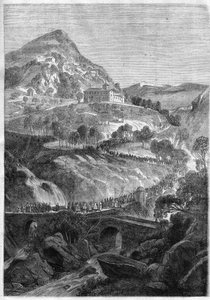Éves zarándoklat március 21-én a Róma melletti Cavo-hegyen (Colli Albani) lévő Szent Benedek kolostorban - 1868-as metszet alkotó: Unknown artist