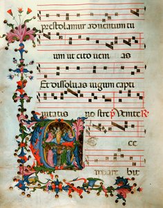 Antiphonárium az 5. jegyzetben, olyan könyv, amely a kórus által a mise alatt énekelt énekeket tartalmazza (pergamen). alkotó: Unknown Artist