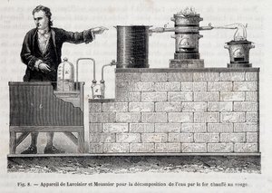 Antoine Laurent de Lavoisier és Meusnier készüléke a víz vörösre hevített vas általi lebontására - Figuier „Les wonders de l