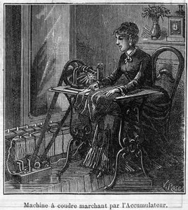 Faure akkumulátorok alkalmazása: elektromos varrógép áthalad az akkumulátoron. Metszet a „” Le Monde Illustré”-ben alkotó: Unknown artist