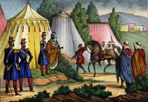 Arab vezető lovat kínál az afrikai francia hadsereg egyik tisztjének, Algériának alkotó: Unknown artist