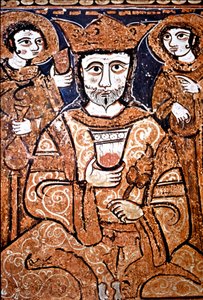 A szicíliai Roger II (1095-1154) arabonormand stílusú portréja magas méltóságokat vesz körül. Festészet a XII. századból. Palermo, Cappella Palatina del Palazzo Reale (a Királyi Palota nádori kápolnája) Szicília, Olaszország alkotó: Unknown artist