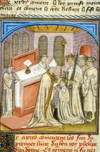 Érsek megkoronázta Philippe Auguste-ot 1179-ben - A középkor megvilágítása (ref. 512, 226r) Kérjen engedélyt a Toulouse-i Városi Könyvtártól (tel: 05 62 27 66 66) alkotó: Unknown artist