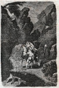 Argie-t a vőlegénye parancsa megtámadta - 1851-es metszet Ludovico Ariostotól: „" Furious Roland" (Orlando furioso) (16. század), Ariosta néven ismert - Tressan gróf olasz nyelvről fordított kiadása, Gustave Harvar kiadása alkotó: Unknown artist