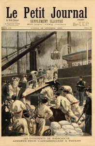 Theophile Delcasse (1852-1923) gyarmati miniszter döntése alapján a Dupetit-Thouars és a Laperouse cirkálók felfegyverzése Toulonban, és 15 000 katona beszállása egy madagaszkári expedícióhoz. Metszet a „” Le petit journal”-ban 1894.10.29. Selva kollégiuma alkotó: Unknown artist