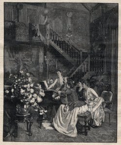 Körülbelül egy partitúra - Jules Massenet (1842-1912), francia zeneszerző, barátaival játszik „Le portrait de Manon” - Metszet a „Le Progres illustrious”-ban 1895-ben alkotó: Unknown artist