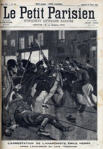 Emile Henry (1872-1894) anarchista letartóztatása a párizsi „Terminus” kávézó felrobbantása után. Metszet a „Le Parisien”-ben alkotó: Unknown artist