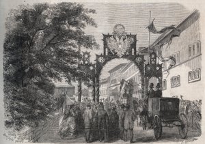 Ausztriai Erzsébet (Sissi) (Ausztriai Erzsébet) érkezése Bad Kissingenbe (Spa) 1865-ben - metszet az 1865-ös „The Illustrous World”-be. alkotó: Unknown artist