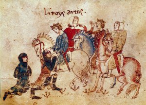 Arthur legenda: „” Arthur király lágyító lovagok (Meliadus (vagy Meliodas), Esclabor és Arfasar (vagy Arphasar)”” Miniatűr a „” Meliadus, Tristan testvére” című filmből” 14. századi Velence Biblioteca Marciana alkotó: Unknown artist