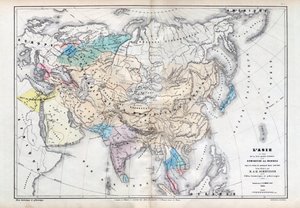 Ázsia a legnagyobb kiterjedésű mongol uralom idején Qubilai (Kubilai kán) uralma alatt (1260-1294) - A térképet készítette: M J-H Schnitzler, Történelmi és festői atlasz 1857 alkotó: Unknown artist