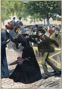Ausztriai Erzsébet (Sissi) meggyilkolása az olasz anarchista Luccheni által 1898-ban Genfben. Illusztráció 1898-ból. Magángyűjtemény - Erzsébet osztrák császárnő (Sissi) meggyilkolása, Luigi Lucheni olasz anarchista, Gen. alkotó: Unknown artist