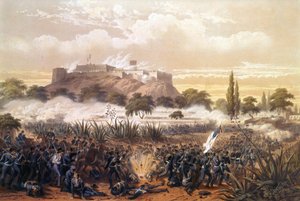 Chapultepec megtámadása 1847 szeptemberében az Egyesült Államok és Mexikó közötti háború során. Metszet 1850-ből. alkotó: Unknown artist