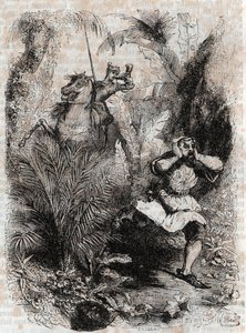 Astolphe menekülésre készteti Caligorant - 1851-es metszet Ludovico Ariosto „" Furious Roland" (Orlando furioso) (16. század) -ból, Ariosto néven ismert - Tressan gróf olasz nyelvről fordított kiadása, Gustave Harvard 1851. alkotó: Unknown artist