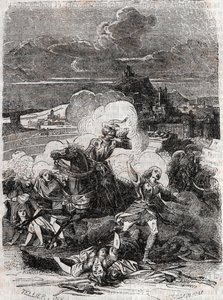 Astolphe menekülésre készteti a gyilkos nőket – 1851-es metszet Ludovico Ariosto „Dühös Roland” (Orlando furioso) (16. század) alkotásáról, Ariosta néven ismert – Tressan gróf olasz nyelvről fordított kiadása, Gustave Harvard kiadása 1851 alkotó: Unknown artist