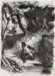 Asztolfa egy szökőkút szélén – 1851-es metszet Ludovico Ariostotól: „Dühös Roland” (Orlando furioso) (16. század), Ariosta néven ismert – Tressan gróf olasz nyelvről fordított kiadása, Gustave Harvard 1851. alkotó: Unknown artist