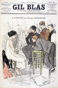 Georges Courteline műhelyében. Férfi néz egy nőt pózol egy műhelyben. In „” Gil Blas””, 1898.03.18. alkotó: Unknown artist