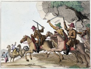 Kirgizek (mongol származású közép-ázsiai törökök) egy csoportja megtámadta a tevekaravánt lóháton, Deb. 19. század alkotó: Unknown artist