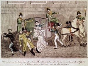 Louis Pierre Louvel támadása Berry hercege ellen, amikor 1820. február 13-án elhagyta az Operát. Metszet 19. század. alkotó: Unknown artist